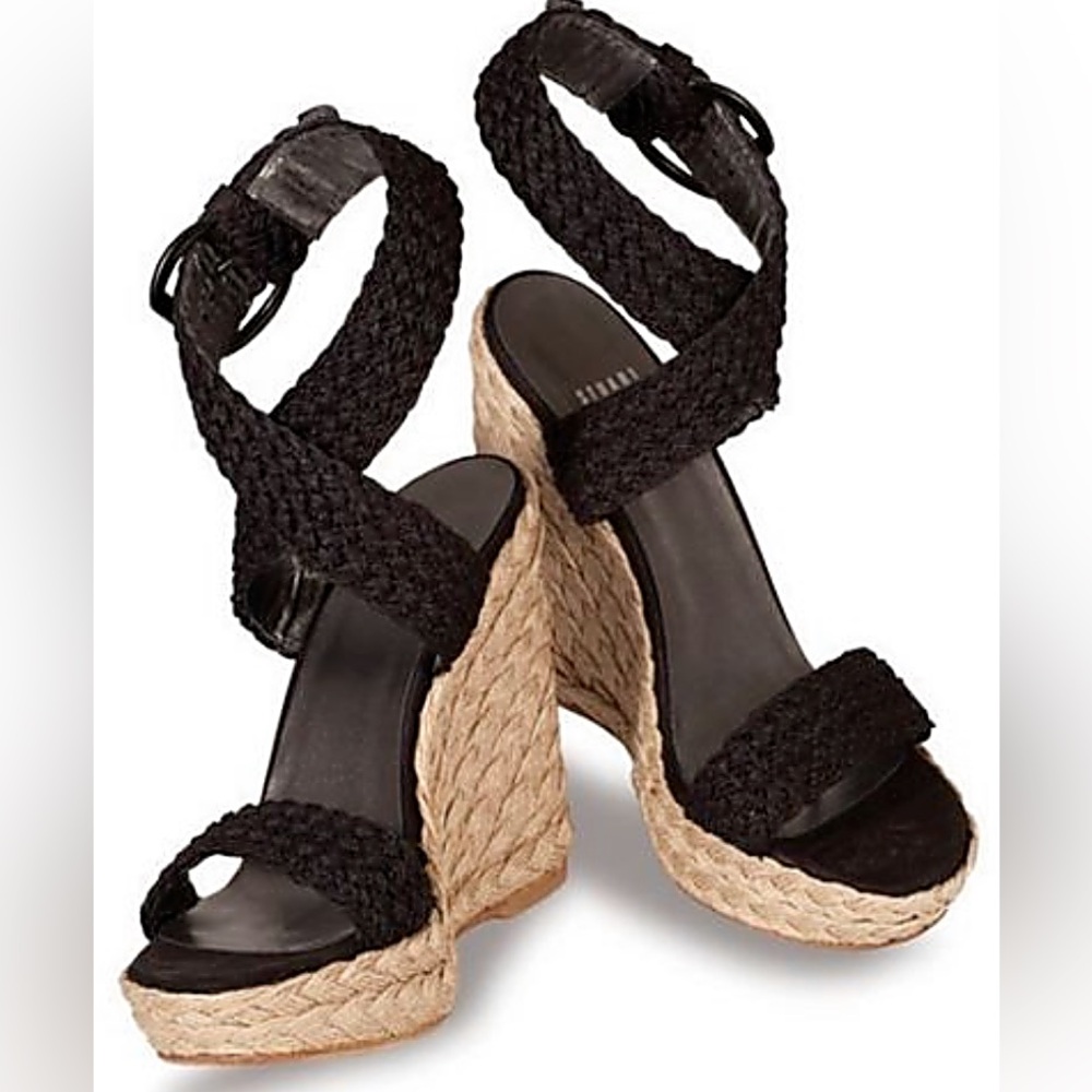 Stuart Weitzman Black Wedge Espadrille Sandals